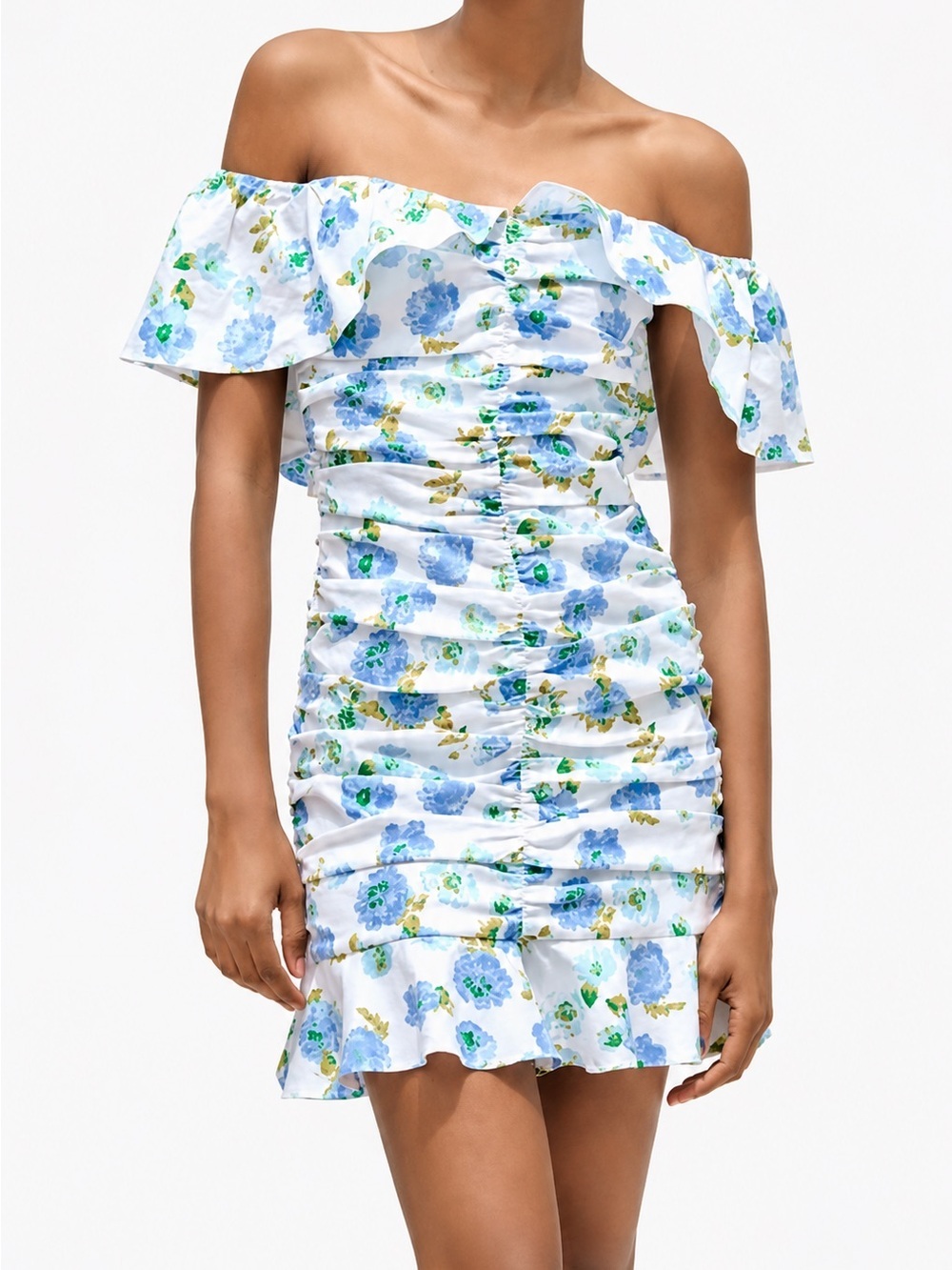 Zara blue floral linen blend ruffled mini dress, XS
